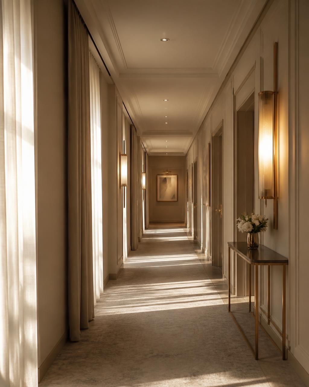 Sunlit corridor of a luxury hotel with linen curtains