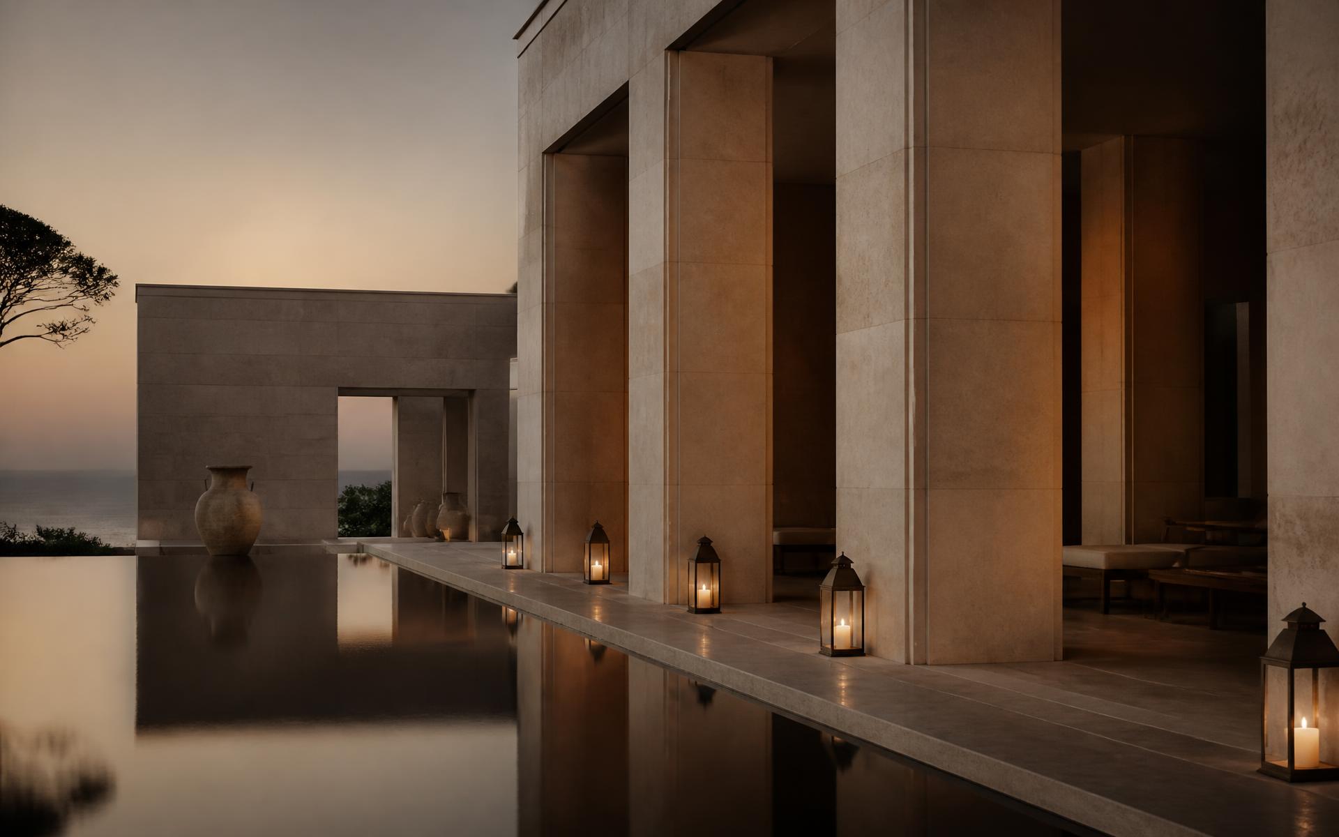 Luxury resort colonnade beside a still reflecting pool at dusk